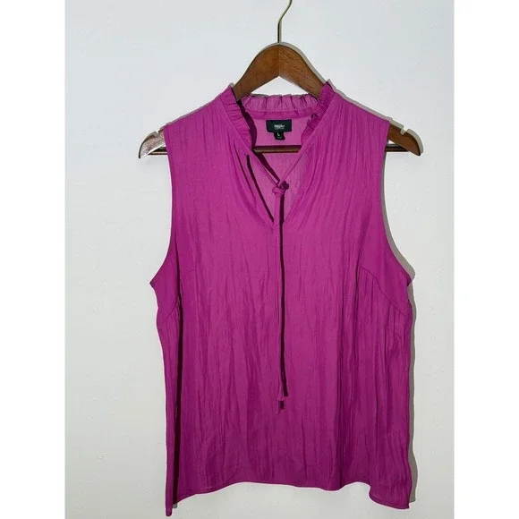 Mossimo Sleeveless Blouse Women Large Magenta Ruffle Neck Tie Front Top - Picture 5 of 7